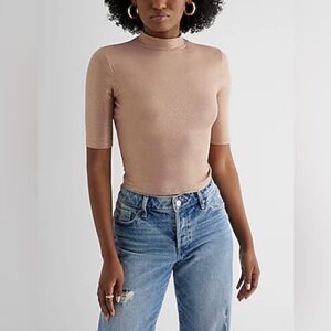 🛍️NEW Express XS Rose Color Shine Ribbed Mock Neck Elbow Sleeve Tee